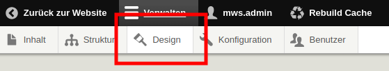 Admin-Menüleiste mit dem Punkt "Design"